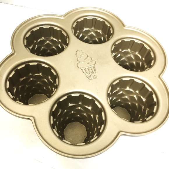 NORDIC WARE Retired Gold Color Ice Cream Cone 6 Cupcake Baking Pan - Picture 6 of 10